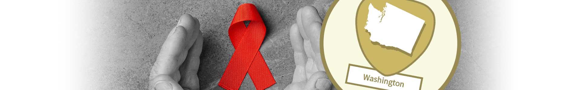 Two hands pointing away from viewer, surrounding red ribbon representing HIV/AIDS prevention and Washington state outline