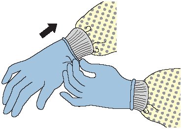 Putting on gloves (PPE).