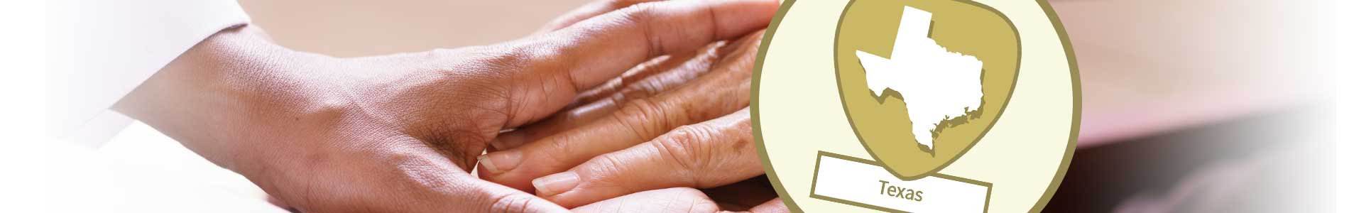 Pair of younger female hands holding older adult hand with wrinkles and Texas state outline