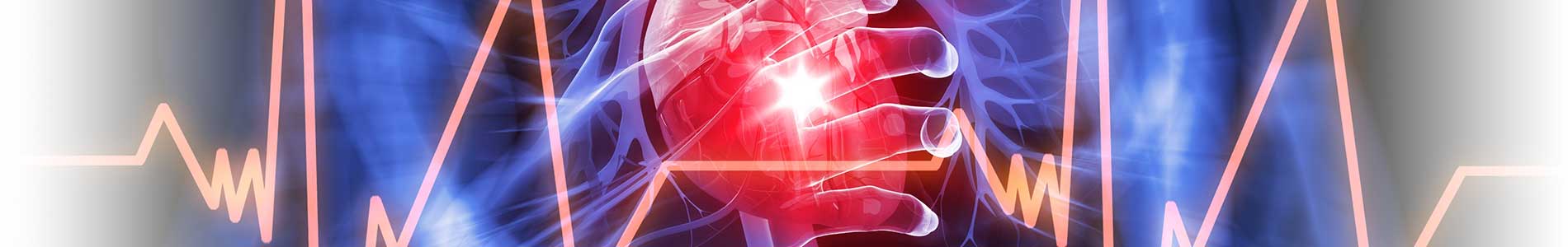 X-ray image of patient chest from the front in blue with red beating heart for heart failure